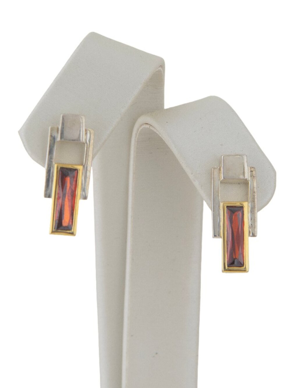 Sterling Silver and 22K Gold Geometric Earrings with Garnet Baguettes